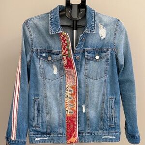 Denim Jacket with Red and White Striped Sleeve